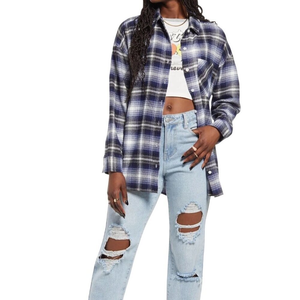 Banana Republic Boyfriend Oversized Plaid Shirt 2022 Blue Plaid Size S
